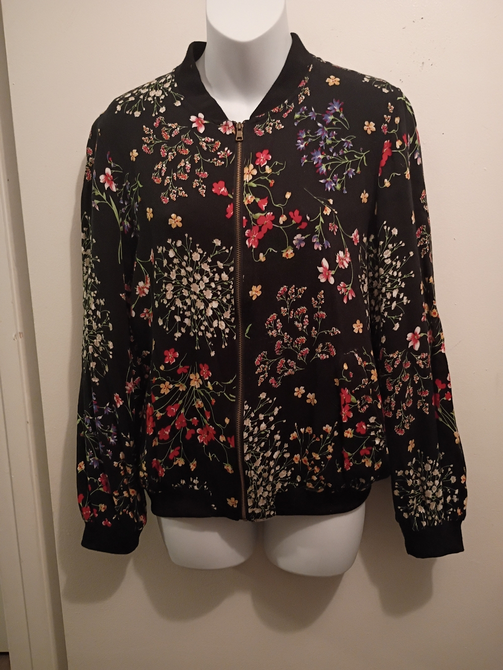 Cynthia Rowley Black Floral Zip Bomber Jacket